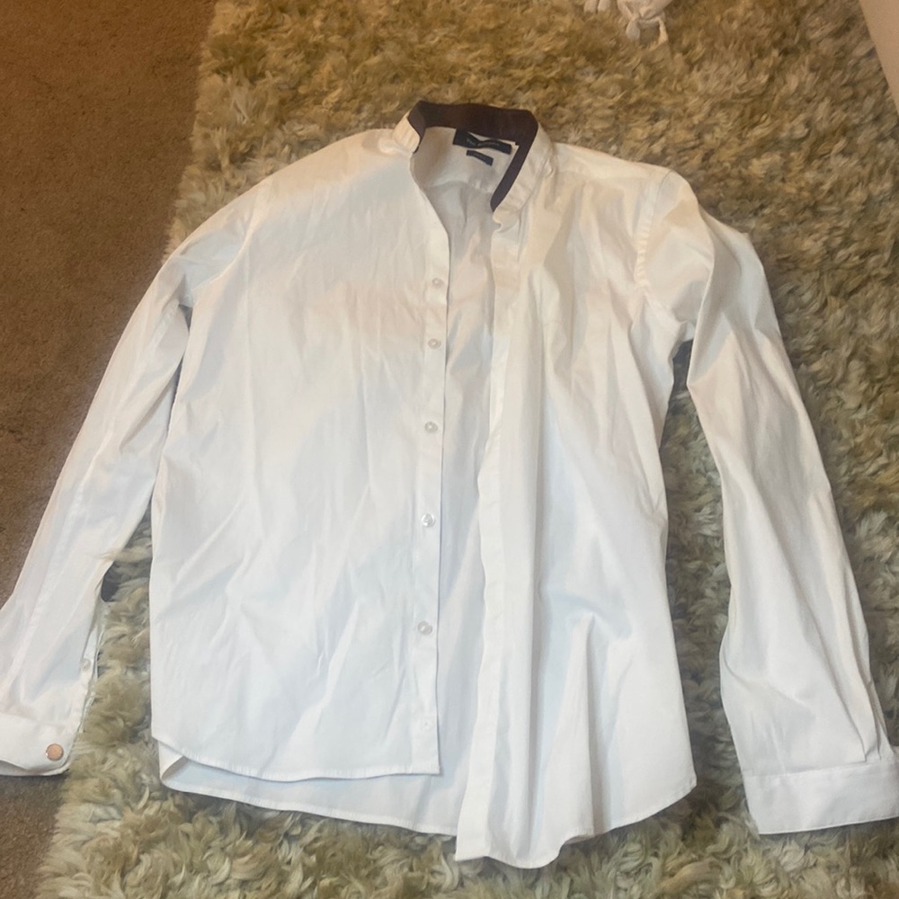 Like new men’s buttoned down white shirt with leather neckline and skull buttons